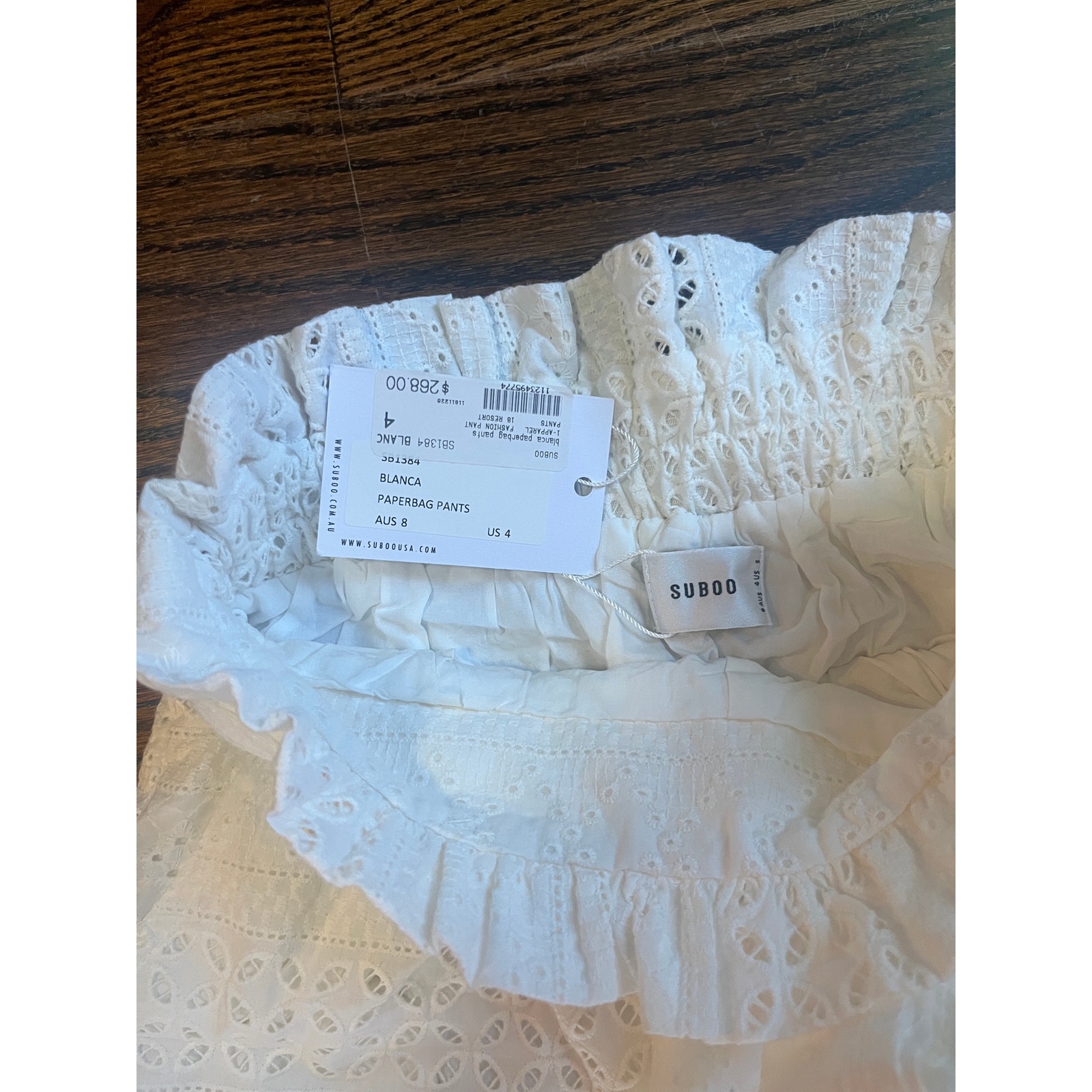 Suboo Blanca Paperbag Pants White Eyelet Lace Wide Leg Cotton Sz. 4 Nwt — image 3 of 4